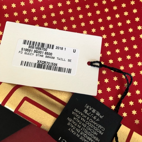 Gucci Red Silk Scarf with Gold Star Print and “GUCCY” Logo - Picture 7 of 10